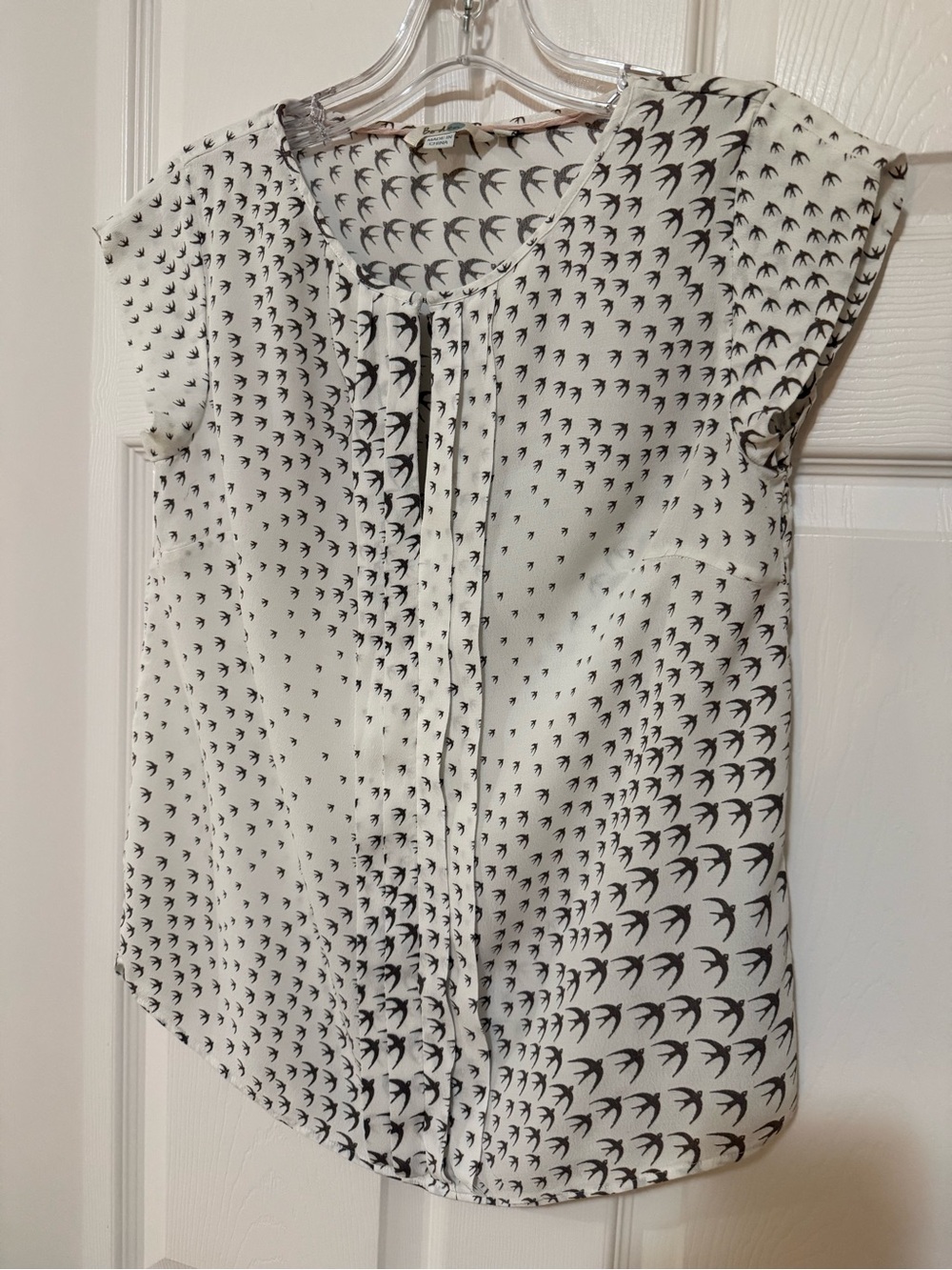 Boden White Short-Sleeve Blouse with Grey Bird Print